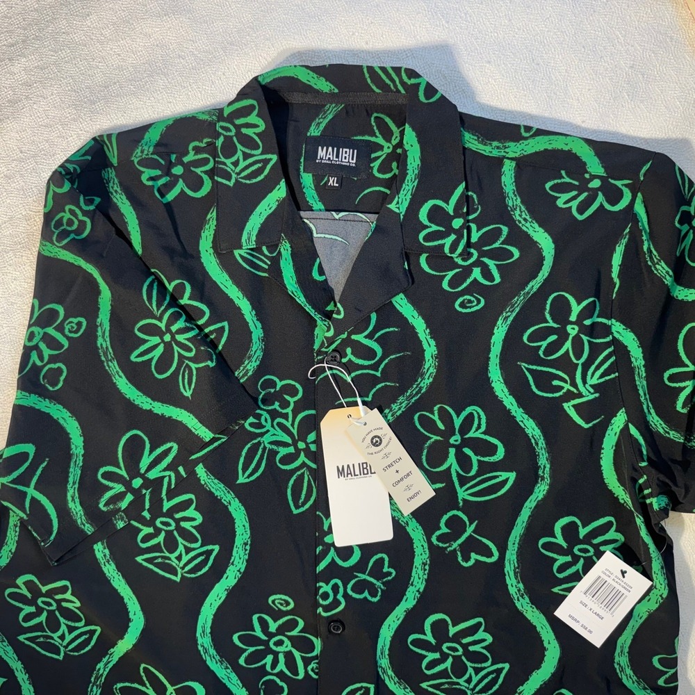 Malibu by Drill Clothing Co Mens Floral Button Up Shirt Black Green XL